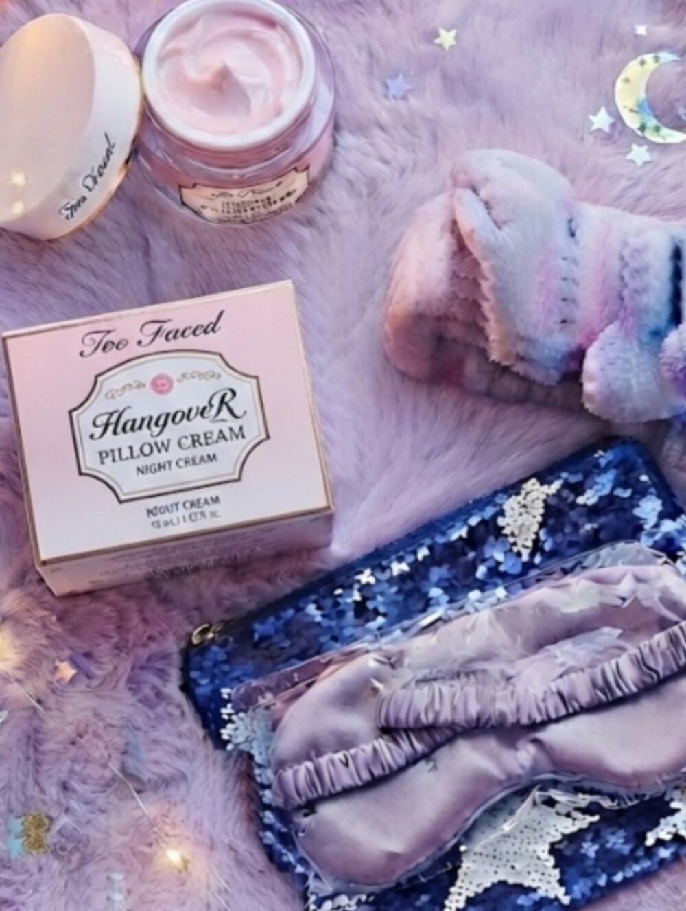 Too Faced Hangover Pillow Cream Set 🌌 Sequin Bag, Headband & Matching Eye Mask.